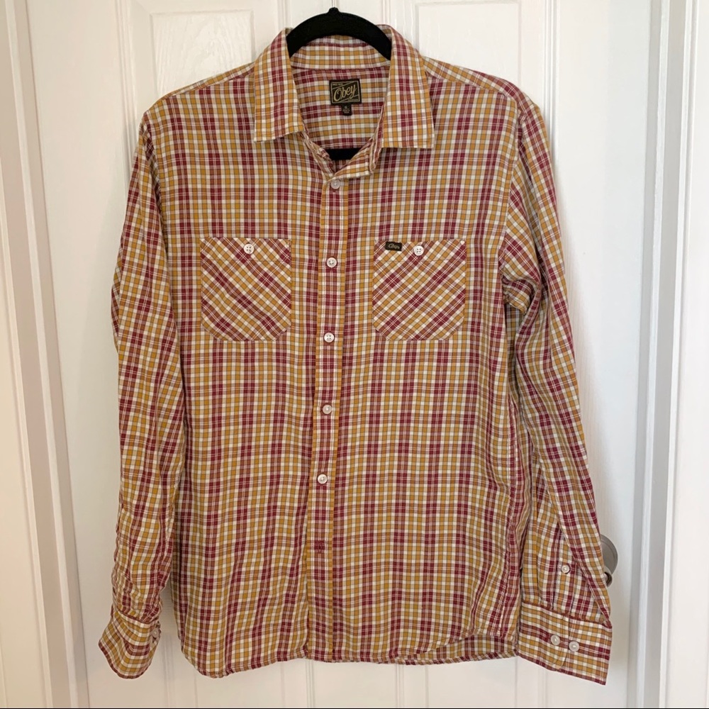 Obey Red and Gold Checkered Button Down Small